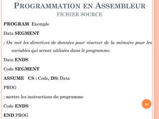 PROGRAMMATION EN ASSEMBLEUR
FICHIER SOURCE
PROGRAM Exemple
Data SEGMENT
; On met les directives de données pour réserver de la mémoire pour les
variables qui seront utilisées dans le programme.
Data ENDS

Code SEGMENT
ASSUME CS : Code, DS: Data
PROG

; mettre les instructions du programme
Code ENDS
END PROG

86

 