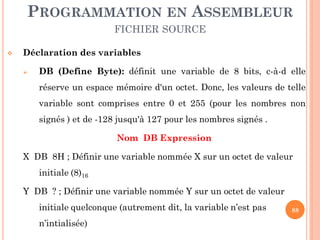 PROGRAMMATION EN ASSEMBLEUR
FICHIER SOURCE


Déclaration des variables


DB (Define Byte): définit une variable de 8 bits, c-à-d elle
réserve un espace mémoire d'un octet. Donc, les valeurs de telle
variable sont comprises entre 0 et 255 (pour les nombres non
signés ) et de -128 jusqu'à 127 pour les nombres signés .
Nom DB Expression

X DB 8H ; Définir une variable nommée X sur un octet de valeur
initiale (8)16

Y DB ? ; Définir une variable nommée Y sur un octet de valeur
initiale quelconque (autrement dit, la variable n’est pas
n’intialisée)

88

 