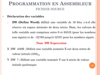 PROGRAMMATION EN ASSEMBLEUR
FICHIER SOURCE


Déclaration des variables


DW (Define Word): définit une variable de 16 bits, c-à-d elle
réserve un espace mémoire de deux octets. Donc, les valeurs de
telle variable sont comprises entre 0 et 65535 (pour les nombres
non signés) et de -32768 jusqu'à 32767 pour les nombres signés .
Nom DW Expression

X DW 458H ; Définir une variable nommée X sur deux octets de
valeur initiale (458)16

Y DW ? ; Définir une variable nommée Y sur 2 octets de valeur
initiale quelconque

89

 