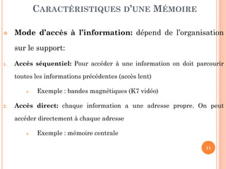 11
 Mode d’accès à l’information: dépend de l’organisation
sur le support:
1. Accès séquentiel: Pour accéder à une information on doit parcourir
toutes les informations précédentes (accès lent)
 Exemple : bandes magnétiques (K7 vidéo)
2. Accès direct: chaque information a une adresse propre. On peut
accéder directement à chaque adresse
 Exemple : mémoire centrale
CARACTÉRISTIQUES D’UNE MÉMOIRE
 