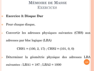 153
MÉMOIRE DE MASSE
EXERCICES
 Exercice 3: Disque Dur
 Pour chaque disque,
 Convertir les adresses physiques suivantes (CHS) aux
adresses par bloc logique (LBA)
CHS1 = (100, 2, 17) ; CHS2 = (101, 0, 1)
 Déterminer la géométrie physique des adresses LBA
suivantes : LBA1 = 187 ; LBA2 = 1000
 