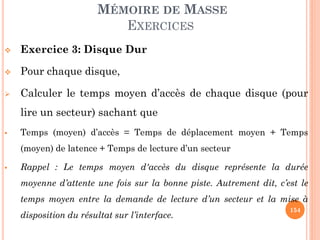 154
MÉMOIRE DE MASSE
EXERCICES
 Exercice 3: Disque Dur
 Pour chaque disque,
 Calculer le temps moyen d’accès de chaque disque (pour
lire un secteur) sachant que
 Temps (moyen) d’accès = Temps de déplacement moyen + Temps
(moyen) de latence + Temps de lecture d’un secteur
 Rappel : Le temps moyen d'accès du disque représente la durée
moyenne d’attente une fois sur la bonne piste. Autrement dit, c’est le
temps moyen entre la demande de lecture d’un secteur et la mise à
disposition du résultat sur l’interface.
 