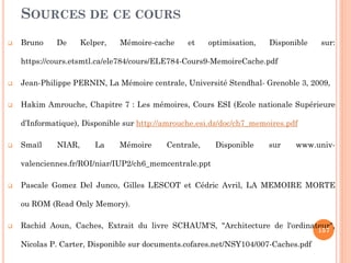 SOURCES DE CE COURS
 Bruno De Kelper, Mémoire-cache et optimisation, Disponible sur:
https://cours.etsmtl.ca/ele784/cours/ELE784-Cours9-MemoireCache.pdf‎
 Jean-Philippe PERNIN, La Mémoire centrale, Université Stendhal- Grenoble 3, 2009,
 Hakim Amrouche, Chapitre 7 : Les mémoires, Cours ESI (Ecole nationale Supérieure
d’Informatique), Disponible sur http://amrouche.esi.dz/doc/ch7_memoires.pdf
 Smaïl NIAR, La Mémoire Centrale, Disponible sur www.univ-
valenciennes.fr/ROI/niar/IUP2/ch6_memcentrale.ppt‎
 Pascale Gomez Del Junco, Gilles LESCOT et Cédric Avril, LA MEMOIRE MORTE
ou ROM (Read Only Memory).
 Rachid Aoun, Caches, Extrait du livre SCHAUM'S, "Architecture de l'ordinateur",
Nicolas P. Carter, Disponible sur documents.cofares.net/NSY104/007-Caches.pdf‎
157
 