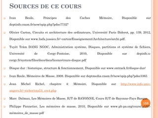 SOURCES DE CE COURS
 Ivan Boule, Principes des Caches Mémoire, Disponible sur
deptinfo.cnam.fr/new/spip.php?pdoc7732?‎
 Olivier Carton, Circuits et architecture des ordinateurs, Université Paris Diderot, pp. 139, 2012,
Disponible sur www.liafa.jussieu.fr/~carton/Enseignement/Architecture/archi.pdf‎.
 Tuyêt Trâm DANG NGOC, Administration système, Disques, partitions et système de fichiers,
Université de Cergy-Pontoise, 2010, Disponible sur depinfo.u-
cergy.fr/system/files/docs/docs/licence/cours-disque.pdf‎
 Disque dur : historique, structure & fonctionnement, Disponible sur www.ontrack.fr/disque-dur/‎
 Ivan Boule, Mémoires de Masse, 2008. Disponible sur deptmedia.cnam.fr/new/spip.php?pdoc3365‎
 Jean Michel Richel, chapitre 4: Mémoire, Disponible sur http://www.info.univ-
angers.fr/~richer/ensl3i_crs4.php
 Marc Dalmau, Les Mémoires de Masse, IUT de BAYONNE, Cours IUT de Bayonne-Pays Basque.
 Philippe Pannetier, Les mémoires de masse, 2010, Disponible sur www.ph-pa.org/cours/ig1/07-
mémoires_de_masse.pdf‎
159
 