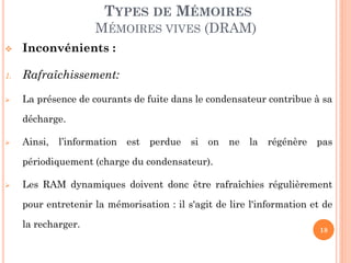 18
 Inconvénients :
1. Rafraîchissement:
 La présence de courants de fuite dans le condensateur contribue à sa
décharge.
 Ainsi, l’information est perdue si on ne la régénère pas
périodiquement (charge du condensateur).
 Les RAM dynamiques doivent donc être rafraîchies régulièrement
pour entretenir la mémorisation : il s'agit de lire l'information et de
la recharger.
TYPES DE MÉMOIRES
MÉMOIRES VIVES (DRAM)
 