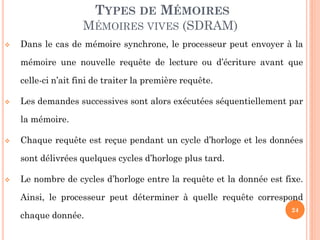 24
 Dans le cas de mémoire synchrone, le processeur peut envoyer à la
mémoire une nouvelle requête de lecture ou d’écriture avant que
celle-ci n’ait fini de traiter la première requête.
 Les demandes successives sont alors exécutées séquentiellement par
la mémoire.
 Chaque requête est reçue pendant un cycle d’horloge et les données
sont délivrées quelques cycles d’horloge plus tard.
 Le nombre de cycles d’horloge entre la requête et la donnée est fixe.
Ainsi, le processeur peut déterminer à quelle requête correspond
chaque donnée.
TYPES DE MÉMOIRES
MÉMOIRES VIVES (SDRAM)
 