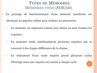 25
 Le principe de fonctionnement d’une mémoire synchrone est
identique au pipeline utilisé pour réaliser un processeur:
 La mémoire est organisée comme une chaîne où sont traitées les
requêtes.
 La mémoire traite simultanément plusieurs requêtes qui se
trouvent à des étapes différentes de la chaîne.
 Le traitement d’une seule requête prend plusieurs cycles
d’horloge mais une requête est traitée à chaque cycle.
TYPES DE MÉMOIRES
MÉMOIRES VIVES (SDRAM)
 