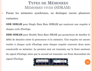 26
 Parmi les mémoires synchrones, on distingue encore plusieurs
variantes:
 SDR SDRAM pour Single Data Rate SDRAM qui reçoivent une requête à
chaque cycle d’horloge.
 DDR SDRAM pour Double Data Rate DRAM qui permettent de doubler le
débit de données entre le processeur et la mémoire. Une requête est encore
traitée à chaque cycle d’horloge mais chaque requête concerne deux mots
consécutifs en mémoire. Le premier mot est transmis sur le front montant
du signal d’horloge alors que le second est transmis sur front descendant du
signal d’horloge.
TYPES DE MÉMOIRES
MÉMOIRES VIVES (SDRAM)
 
