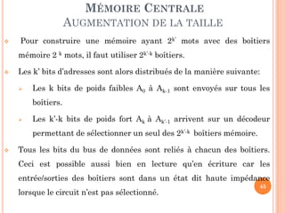 45
MÉMOIRE CENTRALE
AUGMENTATION DE LA TAILLE
 Pour construire une mémoire ayant 2k’ mots avec des boîtiers
mémoire 2 k mots, il faut utiliser 2k’-k boîtiers.
 Les k’ bits d’adresses sont alors distribués de la manière suivante:
 Les k bits de poids faibles A0 à Ak-1 sont envoyés sur tous les
boîtiers.
 Les k’-k bits de poids fort Ak à Ak’-1 arrivent sur un décodeur
permettant de sélectionner un seul des 2k’-k boîtiers mémoire.
 Tous les bits du bus de données sont reliés à chacun des boîtiers.
Ceci est possible aussi bien en lecture qu’en écriture car les
entrée/sorties des boîtiers sont dans un état dit haute impédance
lorsque le circuit n’est pas sélectionné.
 