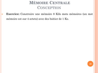 46
MÉMOIRE CENTRALE
CONCEPTION
 Exercice: Construire une mémoire 8 Kilo mots mémoires (un mot
mémoire est sur 4 octets) avec des boitier de 1 Ko.
 