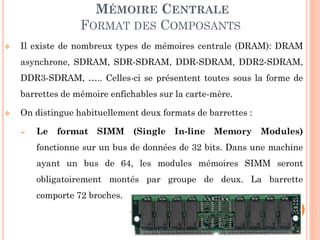 47
MÉMOIRE CENTRALE
FORMAT DES COMPOSANTS
 Il existe de nombreux types de mémoires centrale (DRAM): DRAM
asynchrone, SDRAM, SDR-SDRAM, DDR-SDRAM, DDR2-SDRAM,
DDR3-SDRAM, ….. Celles-ci se présentent toutes sous la forme de
barrettes de mémoire enfichables sur la carte-mère.
 On distingue habituellement deux formats de barrettes :
 Le format SIMM (Single In-line Memory Modules)
fonctionne sur un bus de données de 32 bits. Dans une machine
ayant un bus de 64, les modules mémoires SIMM seront
obligatoirement montés par groupe de deux. La barrette
comporte 72 broches.
 