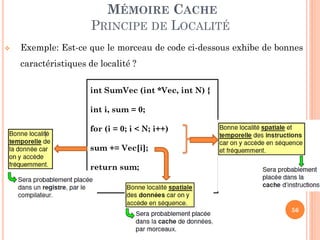 56
MÉMOIRE CACHE
PRINCIPE DE LOCALITÉ
 Exemple: Est-ce que le morceau de code ci-dessous exhibe de bonnes
caractéristiques de localité ?
int SumVec (int *Vec, int N) {
int i, sum = 0;
for (i = 0; i < N; i++)
sum += Vec[i];
return sum;
}
 