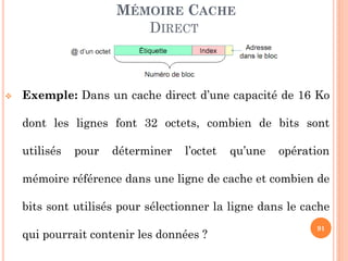 91
MÉMOIRE CACHE
DIRECT
 Exemple: Dans un cache direct d’une capacité de 16 Ko
dont les lignes font 32 octets, combien de bits sont
utilisés pour déterminer l’octet qu’une opération
mémoire référence dans une ligne de cache et combien de
bits sont utilisés pour sélectionner la ligne dans le cache
qui pourrait contenir les données ?
 