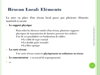 La mise en place d'un réseau local passe par plusieurs éléments
matériels à savoir:
 Le support physique
Pour relier les diverses entités d'un réseau, plusieurs supports
physiques de transmission de données peuvent être utilisés.
Une de ces possibilités est l'utilisation de câbles:
Le câble de type coaxial
La double paire torsadée
La fibre optique
 La carte réseau
Une carte réseau connecte physiquement un ordinateur au réseau
 Le concentrateur ( ou noeud de regroupement)
 ...
Réseau Local: Eléments
7
I.KECHICHEBELAIBA
 