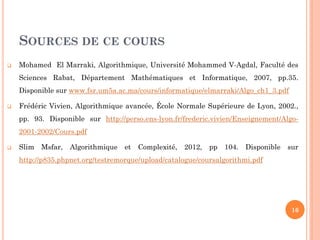 SOURCES DE CE COURS


Mohamed El Marraki, Algorithmique, Université Mohammed V-Agdal, Faculté des
Sciences Rabat, Département Mathématiques et Informatique, 2007, pp.35.
Disponible sur www.fsr.um5a.ac.ma/cours/informatique/elmarraki/Algo_ch1_3.pdf



Frédéric Vivien, Algorithmique avancée, École Normale Supérieure de Lyon, 2002.,

pp. 93. Disponible sur http://perso.ens-lyon.fr/frederic.vivien/Enseignement/Algo2001-2002/Cours.pdf


Slim Msfar,

Algorithmique

et Complexité, 2012,

pp

104.

Disponible sur

http://p835.phpnet.org/testremorque/upload/catalogue/coursalgorithmi.pdf

16

 