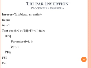 TRI PAR INSERTION
PROCÉDURE « INSÉRER »
Inserer (T: tableau, n : entier)
Debut

in-1
Tant que (i>0 et T[i]>T[i+1]) faire
DTQ

Permuter (i+1, i)
i i-1
FTQ

FSI
Fin

11

 