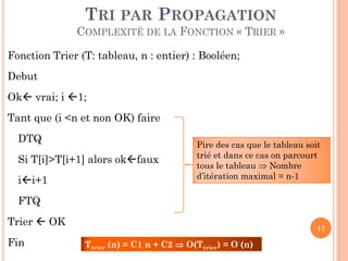 TRI PAR PROPAGATION
COMPLEXITÉ DE LA FONCTION « TRIER »
Fonction Trier (T: tableau, n : entier) : Booléen;
Debut

Ok vrai; i 1;
Tant que (i <n et non OK) faire
DTQ

Si T[i]>T[i+1] alors okfaux
ii+1

Pire des cas que le tableau soit
trié et dans ce cas on parcourt
tous le tableau  Nombre
d’itération maximal = n
n-1

FTQ

Trier  OK
Fin

17

Ttrier (n) = C1 n + C2  O(Ttrier) = O (n)

 