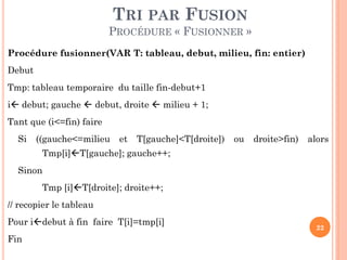 TRI PAR FUSION
PROCÉDURE « FUSIONNER »
Procédure fusionner(VAR T: tableau, debut, milieu, fin: entier)
Debut
Tmp: tableau temporaire du taille fin-debut+1
i debut; gauche  debut, droite  milieu + 1;

Tant que (i<=fin) faire
Si

((gauche<=milieu

et

T[gauche]<T[droite])

ou

droite>fin)

alors

Tmp[i]T[gauche]; gauche++;
Sinon

Tmp [i]T[droite]; droite++;
// recopier le tableau

Pour idebut à fin faire T[i]=tmp[i]
Fin

22

 