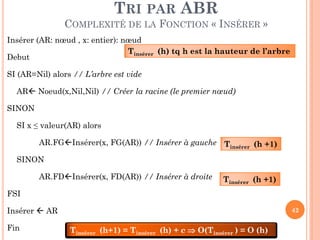 TRI PAR ABR
COMPLEXITÉ DE LA FONCTION « INSÉRER »
Insérer (AR: nœud , x: entier): nœud
Tinsérer (h) tq h est la hauteur de l’arbre
Debut
SI (AR=Nil) alors // L’arbre est vide

AR Noeud(x,Nil,Nil) // Créer la racine (le premier nœud)
SINON
SI x ≤ valeur(AR) alors
AR.FGInsérer(x, FG(AR)) // Insérer à gauche Tinsérer (h +1)
SINON

AR.FDInsérer(x, FD(AR)) // Insérer à droite

Tinsérer (h +1)

FSI

Insérer  AR
Fin

42

Tinsérer (h+1) = Tinsérer (h) + c  O(Tinsérer ) = O (h)

 