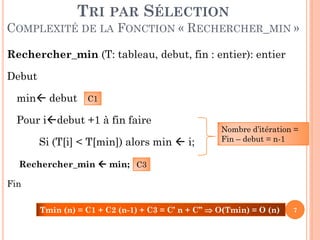TRI PAR SÉLECTION
COMPLEXITÉ DE LA FONCTION « RECHERCHER_MIN »
Rechercher_min (T: tableau, debut, fin : entier): entier

Debut
min debut

C1

Pour idebut +1 à fin faire
Si (T[i] < T[min]) alors min  i;

Nombre d’itération =
Fin – debut = n-1

Rechercher_min  min; C3
Fin
Tmin (n) = C1 + C2 (n-1) + C3 = C’ n + C’’  O(Tmin) = O (n)

7

 