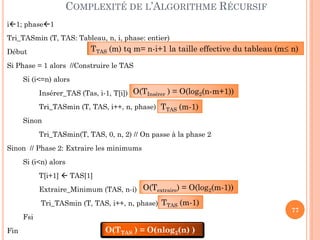 COMPLEXITÉ DE L’ALGORITHME RÉCURSIF
i1; phase1

Tri_TASmin (T, TAS: Tableau, n, i, phase: entier)

TTAS (m) tq m= n-i+1 la taille effective du tableau (m n)

Début

Si Phase = 1 alors //Construire le TAS
Si (i<=n) alors
Insérer_TAS (Tas, i-1, T[i]) O(TInsérer ) = O(log2(n-m+1))
Tri_TASmin (T, TAS, i++, n, phase) TTAS (m-1)
Sinon
Tri_TASmin(T, TAS, 0, n, 2) // On passe à la phase 2
Sinon // Phase 2: Extraire les minimums
Si (i<n) alors
T[i+1]  TAS[1]
Extraire_Minimum (TAS, n-i) O(Textraire) = O(log2(m-1))
Tri_TASmin (T, TAS, i++, n, phase) TTAS (m-1)
Fsi
Fin

O(TTAS ) = O(nlog2(n) )

77

 
