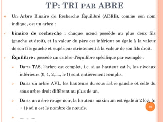 TP: TRI PAR ABRE


Un Arbre Binaire de Recherche Équilibré (ABRE), comme son nom

indique, est un arbre :


binaire de recherche : chaque nœud possède au plus deux fils

(gauche et droit), et la valeur du père est inférieur ou égale à la valeur
de son fils gauche et supérieur strictement à la valeur de son fils droit.


Équilibré : possède un critère d'équilibre spécifique par exemple :


Dans TAS, l'arbre est complet, i.e. si sa hauteur est h, les niveaux
inférieurs (0, 1, 2,...., h-1) sont entièrement remplis.



Dans un arbre AVL, les hauteurs du sous arbre gauche et celle du
sous arbre droit diffèrent au plus de un.



Dans un arbre rouge-noir, la hauteur maximum est égale à 2 log2 (n
+ 1) où n est le nombre de nœuds.



.............

80

 
