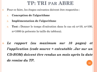 TP: TRI PAR ABRE


Pour ce faire, les étapes suivantes doivent être respectées :
1.

Conception de l’algorithme

2.

Implémentation de l’algorithme

3.

Test : Donner le temps d’exécution dans le cas où n=10, n=100,
n=1000 (n présente la taille du tableau).



Le

rapport

(au

maximum

sur

10

pages)

et

l’application (code source + exécutable .Jar sur un
CD-ROM) doivent être rendus un mois après la date

de remise du TP.

82

 