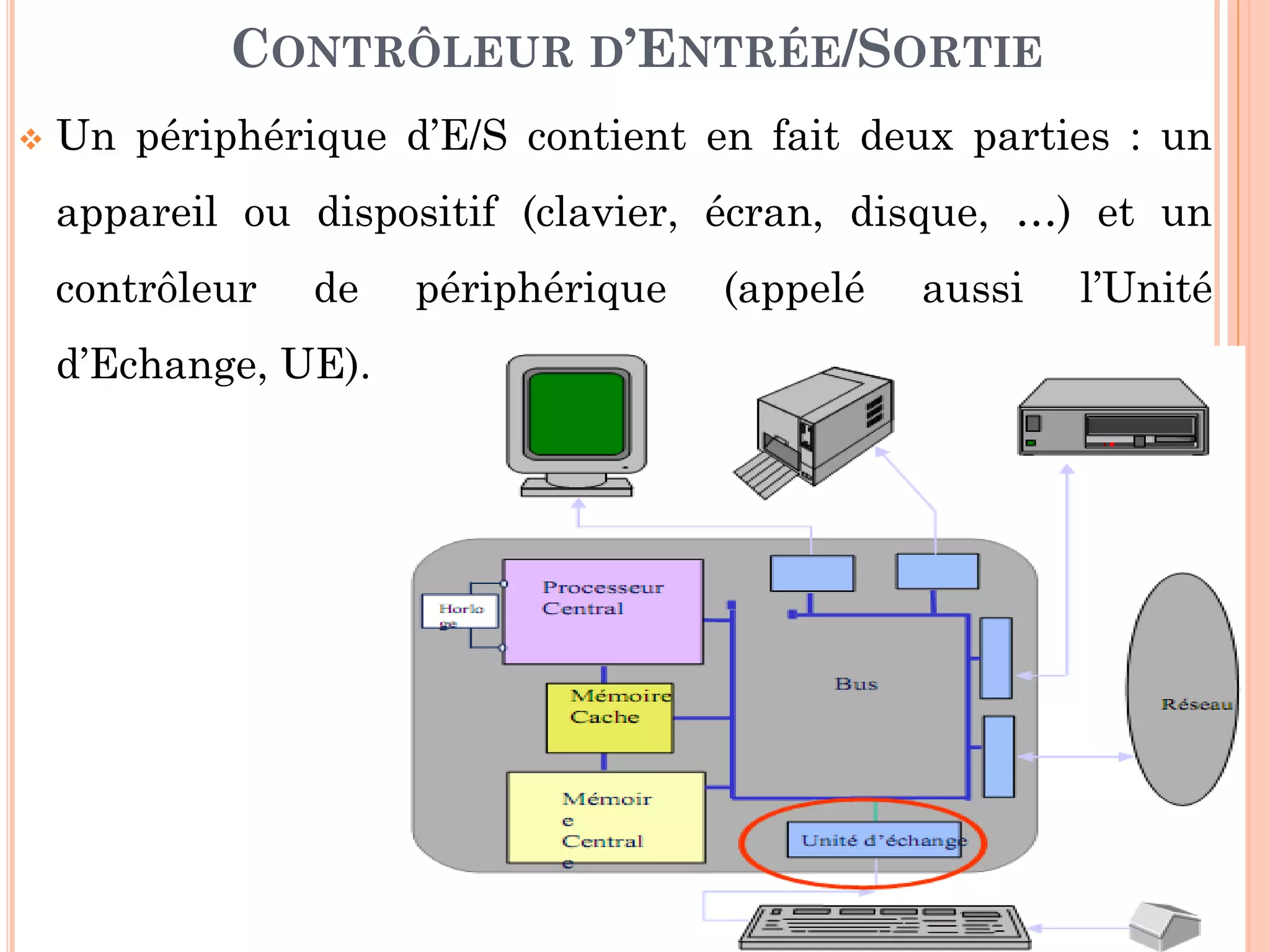 12
 Un périphérique d’E/S contient en fait deux parties : un
appareil ou dispositif (clavier, écran, disque, …) et un
contrôleur de périphérique (appelé aussi l’Unité
d’Echange, UE).
CONTRÔLEUR D’ENTRÉE/SORTIE
 