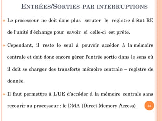 23
ENTRÉES/SORTIES PAR INTERRUPTIONS
 Le processeur ne doit donc plus scruter le registre d'état RE
de l'unité d'échange pour savoir si celle-ci est prête.
 Cependant, il reste le seul à pouvoir accéder à la mémoire
centrale et doit donc encore gérer l'entrée sortie dans le sens où
il doit se charger des transferts mémoire centrale – registre de
donnée.
 Il faut permettre à L'UE d’accéder à la mémoire centrale sans
recourir au processeur : le DMA (Direct Memory Access)
 