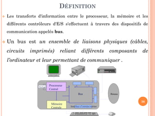 36
 Les transferts d'information entre le processeur, la mémoire et les
différents contrôleurs d'E/S s'effectuent à travers des dispositifs de
communication appelés bus.
 Un bus est un ensemble de liaisons physiques (câbles,
circuits imprimés) reliant différents composants de
l’ordinateur et leur permettant de communiquer .
DÉFINITION
 