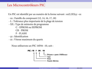 Les microcontrôleurs PICs
Les Microcontrôleurs PIC
- xx : Famille du composant (12, 14, 16, 17, 18)
- L : Tolérance plus importante de la plage de tension
- XX : Type de mémoire de programme
C - EPROM ou EEPROM
CR - PROM
F - FLASH
- yy : Identification
- zz : Vitesse maximum du quartz
Un PIC est identifié par un numéro de la forme suivant : xx(L)XXyy –zz
Nous utiliserons un PIC 16F84 –10, soit :
Microprocesseurs et Microcontrôleurs 2018-2019
 