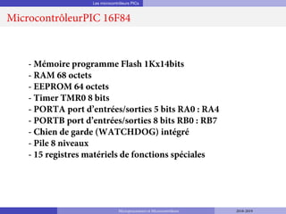 Les microcontrôleurs PICs
MicrocontrôleurPIC 16F84
- Mémoire programme Flash 1Kx14bits
- RAM 68 octets
- EEPROM 64 octets
- Timer TMR0 8 bits
- PORTA port d’entrées/sorties 5 bits RA0 : RA4
- PORTB port d’entrées/sorties 8 bits RB0 : RB7
- Chien de garde (WATCHDOG) intégré
- Pile 8 niveaux
- 15 registres matériels de fonctions spéciales
Microprocesseurs et Microcontrôleurs 2018-2019
 