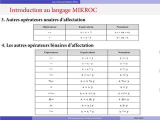 Les microcontrôleurs PICs
Introduction au langage MIKROC
Microprocesseurs et Microcontrôleurs 2018-2019
3. Autres opérateurs unaires d’affectation
4. Les autres opérateurs binaires d’affectation
 