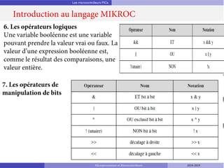 Les microcontrôleurs PICs
Introduction au langage MIKROC
Microprocesseurs et Microcontrôleurs 2018-2019
6. Les opérateurs logiques
Une variable booléenne est une variable
pouvant prendre la valeur vrai ou faux. La
valeur d’une expression booléenne est,
comme le résultat des comparaisons, une
valeur entière.
7. Les opérateurs de
manipulation de bits
 
