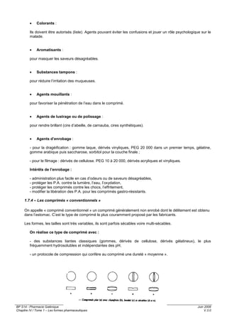 BP S14 - Pharmacie Galénique
Chapitre IV / Tome 1 – Les formes pharmaceutiques
Juin 2008
V.3.0
13 / 28
• Colorants :
Ils doivent être autorisés (liste). Agents pouvant éviter les confusions et jouer un rôle psychologique sur le
malade.
• Aromatisants :
pour masquer les saveurs désagréables.
• Substances tampons :
pour réduire l’irritation des muqueuses.
• Agents mouillants :
pour favoriser la pénétration de l’eau dans le comprimé.
• Agents de lustrage ou de polissage :
pour rendre brillant (cire d’abeille, de carnauba, cires synthétiques).
• Agents d’enrobage :
- pour la dragéification : gomme laque, dérivés vinyliques, PEG 20 000 dans un premier temps, gélatine,
gomme arabique puis saccharose, sorbitol pour la couche finale ;
- pour le filmage : dérivés de cellulose. PEG 10 à 20 000, dérivés acryliques et vinyliques.
Intérêts de l’enrobage :
- administration plus facile en cas d’odeurs ou de saveurs désagréables,
- protéger les P.A. contre la lumière, l’eau, l’oxydation,
- protéger les comprimés contre les chocs, l’effritement,
- modifier la libération des P.A. pour les comprimés gastro-résistants.
1.7.4 – Les comprimés « conventionnels »
On appelle « comprimé conventionnel » un comprimé généralement non enrobé dont le délitement est obtenu
dans l’estomac. C’est le type de comprimé le plus couramment proposé par les fabricants.
Les formes, les tailles sont très variables, ils sont parfois sécables voire multi-sécables.
On réalise ce type de comprimé avec :
- des substances liantes classiques (gommes, dérivés de cellulose, dérivés gélatineux), le plus
fréquemment hydrosolubles et indépendantes des pH,
- un protocole de compression qui confère au comprimé une dureté « moyenne ».
 