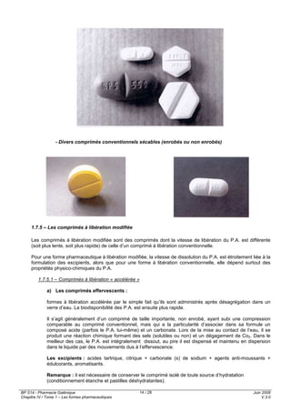 BP S14 - Pharmacie Galénique
Chapitre IV / Tome 1 – Les formes pharmaceutiques
Juin 2008
V.3.0
14 / 28
- Divers comprimés conventionnels sécables (enrobés ou non enrobés)
1.7.5 – Les comprimés à libération modifiée
Les comprimés à libération modifiée sont des comprimés dont la vitesse de libération du P.A. est différente
(soit plus lente, soit plus rapide) de celle d’un comprimé à libération conventionnelle.
Pour une forme pharmaceutique à libération modifiée, la vitesse de dissolution du P.A. est étroitement liée à la
formulation des excipients, alors que pour une forme à libération conventionnelle, elle dépend surtout des
propriétés physico-chimiques du P.A.
1.7.5.1 – Comprimés à libération « accélérée »
a) Les comprimés effervescents :
formes à libération accélérée par le simple fait qu’ils sont administrés après désagrégation dans un
verre d’eau. La biodisponibilité des P.A. est ensuite plus rapide.
Il s’agit généralement d’un comprimé de taille importante, non enrobé, ayant subi une compression
comparable au comprimé conventionnel, mais qui a la particularité d’associer dans sa formule un
composé acide (parfois le P.A. lui-même) et un carbonate. Lors de la mise au contact de l’eau, il se
produit une réaction chimique formant des sels (solubles ou non) et un dégagement de Co2. Dans le
meilleur des cas, le P.A. est intégralement dissout, au pire il est dispensé et maintenu en dispersion
dans le liquide par des mouvements dus à l’effervescence.
Les excipients : acides tartrique, citrique + carbonate (s) de sodium + agents anti-moussants +
édulcorants, aromatisants.
Remarque : il est nécessaire de conserver le comprimé isolé de toute source d’hydratation
(conditionnement étanche et pastilles déshydratantes).
 