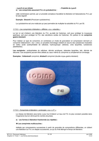BP S14 - Pharmacie Galénique
Chapitre IV / Tome 1 – Les formes pharmaceutiques
Juin 2008
V.3.0
16 / 28
- Lyoc® et son blister - Friabilité du Lyoc®
e) Les comprimés associant P.A. et cyclodextrine :
cette combinaison permet, par un procédé complexe d’accélérer la libération et l’absorptiondu P.A. par
le tube digestif.
Exemple : Brexin® (Piroxicam-cyclodextrine).
La cyclodextrine est une molécule qui peut permettre de multiplier la solubilité du P.A. par 50.
1.7.5.2 – Les comprimés à libération « différée » ou « retardée »
Le but ici est d’obtenir une libération du P.A. au-delà de l’estomac, soit pour protéger la muqueuse
gastrique, soit pour protéger le P.A. des sécrétions acides de l’estomac. On parlera ici de comprimé
gastro-résistant.
Pour réaliser ce type de comprimé, on combinera un mode de granulation et compression donnant un
comprimé relativement « dur » et/ou un procédé d’enrobage mettant en œuvre des substances insolubles
en milieu acide (acétophtalate de cellulose, hydroxypropyl- cellulose, cires lipophiles, substances
plastifiantes).
Les excipients : acétophtalate de cellulose, dérivés acryliques, stéarates lipophiles, talc, dérivés de
silicones. Ces excipients peuvent être utilisés au cœur même du comprimé ou simplement en enrobage.
Exemples : Voltarène® comprimé, Artotec® comprimé (double noyau gastro-résistant)
1.7.5.3 – Comprimés à libération « prolongée » ou « L.P. »
La vitesse de libération plus lente a pour but d’obtenir un taux de P.A. le plus constant possible dans
l’organisme tout en diminuant le nombre de prises.
a) Les formes à libération fractionnée (ou répétée) :
Les comprimés multicouches :
réalisés par compressions successives à partir de granulats de compositions différentes, on obtient
une libération du P.A. en étapes successives, ce qui au final allonge le temps de libération.
 
