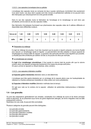 BP S14 - Pharmacie Galénique
Chapitre IV / Tome 1 – Les formes pharmaceutiques
Juin 2008
V.3.0
7 / 28
1.3.2.2 – Les capsules à enveloppe dure ou gélules
L’enveloppe des capsules dures se compose de deux cupules cylindriques s’emboîtant très exactement
l’une dans l’autre. Les deux demi cupules sont très minces et parfaitement calibrées et ne peuvent donc
être fabriquées que mécaniquement et à très grande échelle.
Dans le cas des capsules dures la fabrication de l’enveloppe et le remplissage ne sont donc pas
simultanés comme dans le cas des capsules molles.
Des fabricants d’enveloppes fournissent aux pharmaciens des capsules vides de 8 calibres différents et
disponibles dans différentes couleurs.
Vol en ml 1.45 0.90 0.70 0.50 0.40 0.30 0.22 0.15
taille 000 00 0 1 2 3 4 5
Préparation du mélange
Il s’agit de mélange de poudres. Il est très important que la poudre à répartir présente une bonne fluidité
pour assurer un remplissage rapide et régulier. La granulométrie doit être adaptée à chaque appareil de
remplissage et à chaque taille de capsule. La grosseur des particules doit être aussi régulière que possible.
La fluidité peut être améliorée par addition de talc ou de poudre de silice par exemple.
Le remplissage par arasage
Il s’agit d’un remplissage volumétrique. Il faut ajuster le volume total de poudre afin que le volume
contenu dans une capsule corresponde exactement à la masse de principe actif prévu.
On peut y arriver en ajoutant un diluant (lactose, silice, amidon).
1.3.2.3 – Les capsules à libération modifiée
a) Capsules gastro-résistantes (libération dans un site déterminé)
L’enveloppe peut être gastro-résistante par un enrobage de la capsule pleine avec de l’acétophtalate de
cellulose ou d’autres substances insolubles en milieu acide (voir cours précédents).
b) Capsules à libération modifiée (libération maîtrisée dans le temps)
On agit pour cela sur le contenu de la capsule : utilisation de sphéroïdes médicamenteux à libération
variable.
1.4 – Les granulés
Ce sont des préparations généralement non divisées, constituées d’un mélange de sucre et de divers principes
actifs et adjuvants. Ils se présentent sous forme de grains légèrement allongés, de forme irrégulière mais de taille
pratiquement uniforme.
Destinées à la voie orale, ils peuvent être aromatisés
.
Plusieurs catégories de granulés peuvent être distinguées :
- Les granulés enrobés
- Les granulés gastroresistants
- Les granulés à libération modifiée
- Les granulés effervescents
- Les granulés à avaler
 
