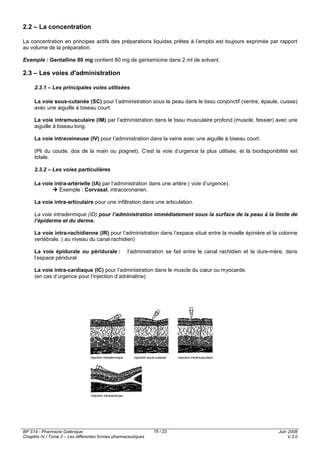 BP S14 - Pharmacie Galénique
Chapitre IV / Tome 2 – Les différentes formes pharmaceutiques
Juin 2008
V.3.0
19 / 23
2.2 – La concentration
La concentration en principes actifs des préparations liquides prêtes à l’emploi est toujours exprimée par rapport
au volume de la préparation.
Exemple : Gentalline 80 mg contient 80 mg de gentamicine dans 2 ml de solvant.
2.3 – Les voies d'administration
2.3.1 – Les principales voies utilisées
La voie sous-cutanée (SC) pour l’administration sous la peau dans le tissu conjonctif (ventre, épaule, cuisse)
avec une aiguille à biseau court.
La voie intramusculaire (IM) par l’administration dans le tissu musculaire profond (muscle, fessier) avec une
aiguille à biseau long.
La voie intraveineuse (IV) pour l’administration dans la veine avec une aiguille à biseau court.
(Pli du coude, dos de la main ou poignet). C’est la voie d’urgence la plus utilisée, et la biodisponibilité est
totale.
2.3.2 – Les voies particulières
La voie intra-artérielle (IA) par l’administration dans une artère ( voie d’urgence).
Exemple : Corvasal, intracoronarien.
La voie intra-articulaire pour une infiltration dans une articulation.
La voie intradermique (ID) pour l’administration immédiatement sous la surface de la peau à la limite de
l’épiderme et du derme.
La voie intra-rachidienne (IR) pour l’administration dans l’espace situé entre la moelle épinière et la colonne
vertébrale. ( au niveau du canal rachidien)
La voie épidurale ou péridurale : l’administration se fait entre le canal rachidien et la dure-mère, dans
l’espace péridural.
La voie intra-cardiaque (IC) pour l’administration dans le muscle du cœur ou myocarde.
(en cas d’urgence pour l’injection d’adrénaline)
 