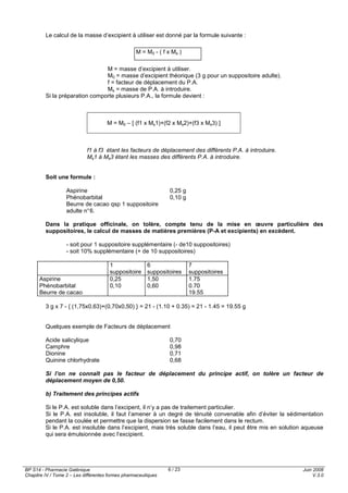 BP S14 - Pharmacie Galénique
Chapitre IV / Tome 2 – Les différentes formes pharmaceutiques
Juin 2008
V.3.0
6 / 23
Le calcul de la masse d’excipient à utiliser est donné par la formule suivante :
M = masse d’excipient à utiliser.
M0 = masse d’excipient théorique (3 g pour un suppositoire adulte).
f = facteur de déplacement du P.A.
Ms = masse de P.A. à introduire.
Si la préparation comporte plusieurs P.A., la formule devient :
M = M0 – [ (f1 x Ms1)+(f2 x Ms2)+(f3 x Ms3) ]
f1 à f3 étant les facteurs de déplacement des différents P.A. à introduire.
Ms1 à Ms3 étant les masses des différents P.A. à introduire.
Soit une formule :
Aspirine 0,25 g
Phénobarbital 0,10 g
Beurre de cacao qsp 1 suppositoire
adulte n°6.
Dans la pratique officinale, on tolère, compte tenu de la mise en œuvre particulière des
suppositoires, le calcul de masses de matières premières (P-A et excipients) en excèdent.
- soit pour 1 suppositoire supplémentaire (- de10 suppositoires)
- soit 10% supplémentaire (+ de 10 suppositoires)
1
suppositoire
6
suppositoires
7
suppositoires
Aspirine
Phénobarbital
Beurre de cacao
0,25
0,10
1,50
0,60
1.75
0.70
19.55
3 g x 7 - { (1,75x0,63)+(0,70x0,50) } = 21 - (1.10 + 0.35) = 21 - 1.45 = 19.55 g
Quelques exemple de Facteurs de déplacement
Acide salicylique 0,70
Camphre 0,98
Dionine 0,71
Quinine chlorhydrate 0,68
Si l’on ne connaît pas le facteur de déplacement du principe actif, on tolère un facteur de
déplacement moyen de 0,50.
b) Traitement des principes actifs
Si le P.A. est soluble dans l’excipent, il n’y a pas de traitement particulier.
Si le P.A. est insoluble, il faut l’amener à un degré de ténuité convenable afin d’éviter la sédimentation
pendant la coulée et permettre que la dispersion se fasse facilement dans le rectum.
Si le P.A. est insoluble dans l’excipient, mais très soluble dans l’eau, il peut être mis en solution aqueuse
qui sera émulsionnée avec l’excipient.
M = M0 - ( f x Ms )
 