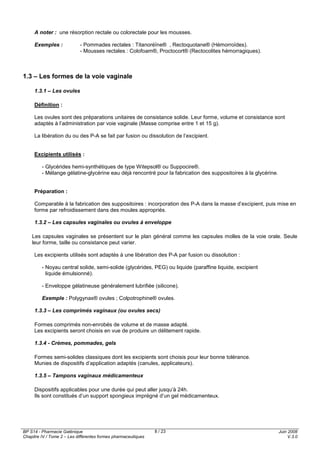 BP S14 - Pharmacie Galénique
Chapitre IV / Tome 2 – Les différentes formes pharmaceutiques
Juin 2008
V.3.0
8 / 23
A noter : une résorption rectale ou colorectale pour les mousses.
Exemples : - Pommades rectales : Titanoréïne® , Rectoquotane® (Hémorroïdes).
- Mousses rectales : Colofoam®, Proctocort® (Rectocolites hémorragiques).
1.3 – Les formes de la voie vaginale
1.3.1 – Les ovules
Définition :
Les ovules sont des préparations unitaires de consistance solide. Leur forme, volume et consistance sont
adaptés à l’administration par voie vaginale (Masse comprise entre 1 et 15 g).
La libération du ou des P-A se fait par fusion ou dissolution de l’excipient.
Excipients utilisés :
- Glycérides hemi-synthétiques de type Witepsol® ou Suppocire®.
- Mélange gélatine-glycérine eau déjà rencontré pour la fabrication des suppositoires à la glycérine.
Préparation :
Comparable à la fabrication des suppositoires : incorporation des P-A dans la masse d’excipient, puis mise en
forme par refroidissement dans des moules appropriés.
1.3.2 – Les capsules vaginales ou ovules à enveloppe
Les capsules vaginales se présentent sur le plan général comme les capsules molles de la voie orale. Seule
leur forme, taille ou consistance peut varier.
Les excipients utilisés sont adaptés à une libération des P-A par fusion ou dissolution :
- Noyau central solide, semi-solide (glycérides, PEG) ou liquide (paraffine liquide, excipient
liquide émulsionné).
- Enveloppe gélatineuse généralement lubrifiée (silicone).
Exemple : Polygynax® ovules ; Colpotrophine® ovules.
1.3.3 – Les comprimés vaginaux (ou ovules secs)
Formes comprimés non-enrobés de volume et de masse adapté.
Les excipients seront choisis en vue de produire un délitement rapide.
1.3.4 - Crèmes, pommades, gels
Formes semi-solides classiques dont les excipients sont choisis pour leur bonne tolérance.
Munies de dispositifs d’application adaptés (canules, applicateurs).
1.3.5 – Tampons vaginaux médicamenteux
Dispositifs applicables pour une durée qui peut aller jusqu’à 24h.
Ils sont constitués d’un support spongieux imprégné d’un gel médicamenteux.
 