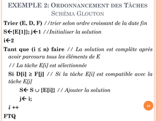 EXEMPLE 2: ORDONNANCEMENT DES TÂCHES
SCHÉMA GLOUTON
Trier (E, D, F) //trier selon ordre croissant de la date fin
S{E[1]}; j1 //Initialiser la solution
i2
Tant que (i  n) faire // La solution est complète après
avoir parcouru tous les éléments de E
// La tâche E[i] est sélectionnée

Si D[i]  F[j] // Si la tâche E[i] est compatible avec la
tâche E[j]
S S  {E[i]} // Ajouter la solution
j i;
i ++

FTQ

28

 