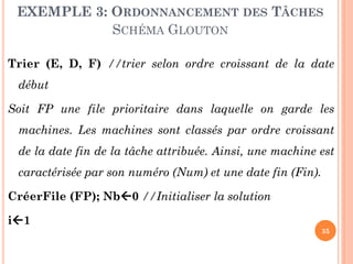 EXEMPLE 3: ORDONNANCEMENT DES TÂCHES
SCHÉMA GLOUTON
Trier (E, D, F) //trier selon ordre croissant de la date
début

Soit FP une file prioritaire dans laquelle on garde les
machines. Les machines sont classés par ordre croissant
de la date fin de la tâche attribuée. Ainsi, une machine est

caractérisée par son numéro (Num) et une date fin (Fin).
CréerFile (FP); Nb0 //Initialiser la solution
i1
35

 
