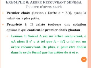 EXEMPLE 6: ARBRE RECOUVRANT MINIMAL
PREUVE D’OPTIMALITÉ


Premier choix glouton : l’arête e = E[1], ayant la

valuation la plus petite.


Propriété 1: Il existe toujours une solution
optimale qui contient le premier choix glouton


Lemme 1: Soient A est un arbre recouvrant, e
A alors  e’  A tel que A – {e’}  {e} est un
arbre recourvrant. De plus, e’ peut être choisi

dans le cycle formé par les arêtes de A et e.
56

 