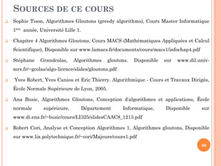 SOURCES DE CE COURS


Sophie Tison, Algorithmes Gloutons (greedy algorithms), Cours Master Informatique
1ère année, Université Lille 1.



Chapitre 4 Algorithmes Gloutons, Cours MACS (Mathématiques Appliquées et Calcul
Scientifique), Disponible sur www.lamacs.fr/documents/cours/macs1/infochap4.pdf‎



Stéphane

Grandcolas,

Algorithmes

gloutons.

Disponible

sur

www.dil.univ-

mrs.fr/~gcolas/algo-licence/slides/gloutons.pdf‎


Yves Robert, Yves Caniou et Eric Thierry. Algorithmique - Cours et Travaux Dirigés,
École Normale Supérieure de Lyon, 2005.



Ana Busic, Algorithmes Gloutons, Conception d'algorithmes et applications, École
normale

supérieure,

Département

Informatique,

Disponible

sur

www.di.ens.fr/~busic/cours/LI325/slidesCAAC8_1213.pdf‎


Robert Cori, Analyse et Conception Algorithmes 1, Algorithmes gloutons, Disponible

sur www.lix.polytechnique.fr/~cori/Majeure/cours1.pdf‎
60

 