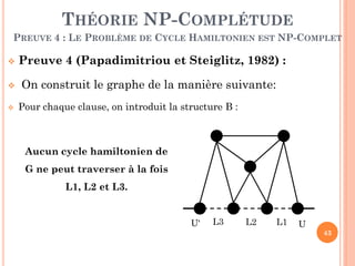 THÉORIE NP-COMPLÉTUDE
PREUVE 4 : LE PROBLÈME DE CYCLE HAMILTONIEN EST NP-COMPLET





Preuve 4 (Papadimitriou et Steiglitz, 1982) :

On construit le graphe de la manière suivante:
Pour chaque clause, on introduit la structure B :

Aucun cycle hamiltonien de
G ne peut traverser à la fois

L1, L2 et L3.

U'

L3

L2

L1

U

43

 
