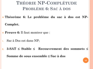 THÉORIE NP-COMPLÉTUDE
PROBLÈME 6: SAC À DOS


Théorème 6: Le problème du sac à dos est NPComplet.



Preuve 6: Il faut montrer que :

1.

Sac à Dos est dans NP;

2.

3-SAT  Stable 

Recouvrement des sommets 

Somme de sous ensemble  Sac à dos
49

 