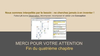 MERCI POUR VOTRE ATTENTION
Fin du quatrième chapitre
Nous sommes interpellés par le besoin : ne cherchez jamais à en inventer !
Faites LA bonne Observation, décomposer, recomposer et valider une Conception
 