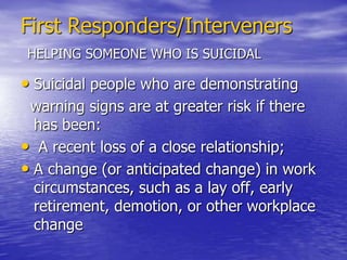 First Responders/IntervenersHELPING SOMEONE WHO IS SUICIDALWarning signs include both behavioral and verbal cluesBeing withdrawn and unable to relate to friends and coworkers;  Talking about feeling isolated and lonely  Expressing feelings of uselessness, lack of hope or loss of self-esteem