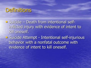 DefinitionsSuicide – Death from intentional self-inflicted injury with evidence of intent to kill oneself.Suicide Attempt - Intentional self-injurious behavior with a nonfatal outcome with evidence of intent to kill oneself.